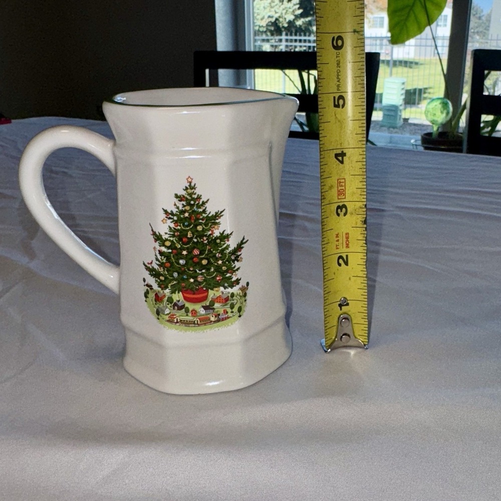 White Christmas Tree Cream Pitcher Ceramic Green Rim Holiday Decor vintage - Picture 7 of 7